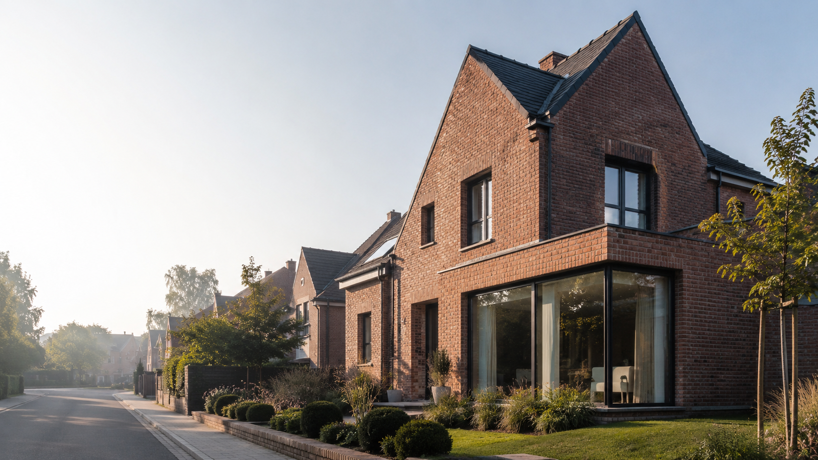 Maison contemporaine en brique dans une rue résidentielle